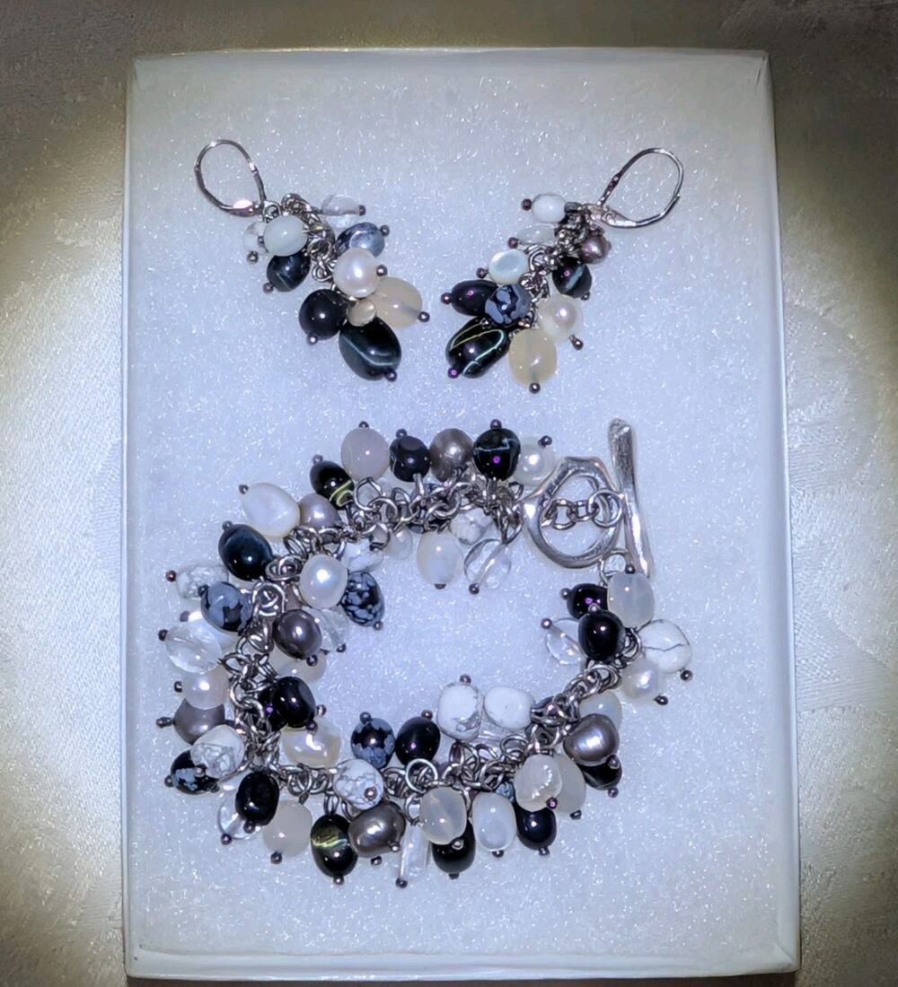 Vtg Whitney Kelly Sterling Silver 925 Cha-Cha Gemstone Pearl Bracelet Earring